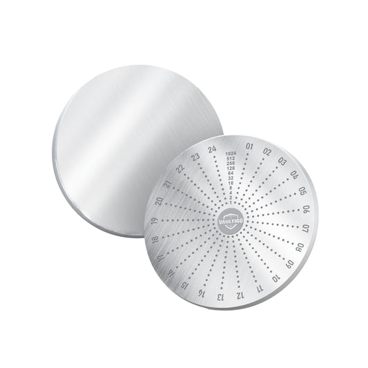 Vaultigo Stainless Steel Round Mnemonic Plate - Front & Back View with Seed Phrase Markings
