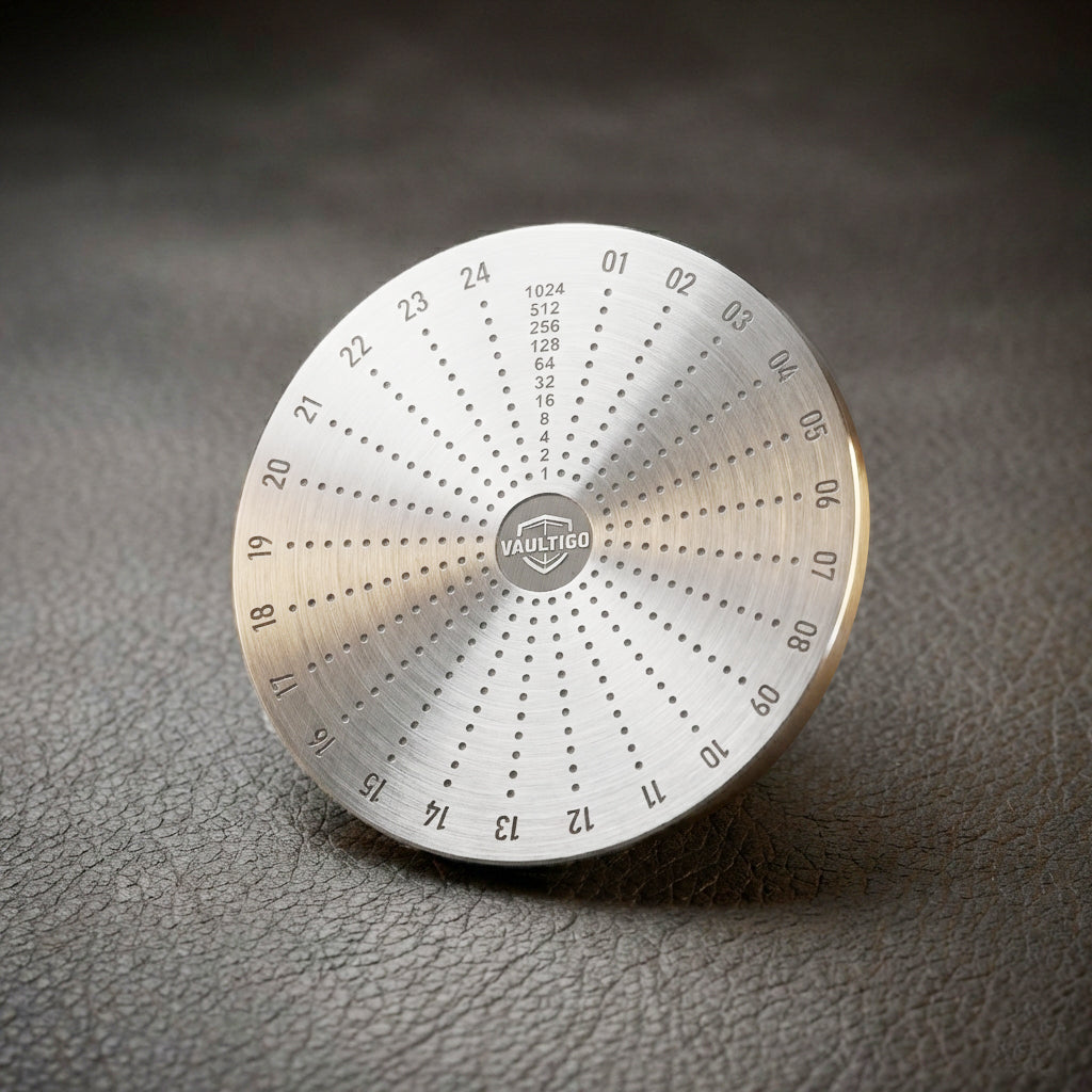 Vaultigo Stainless Steel Round Mnemonic Plate - Seed Phrase Markings & Numbering View