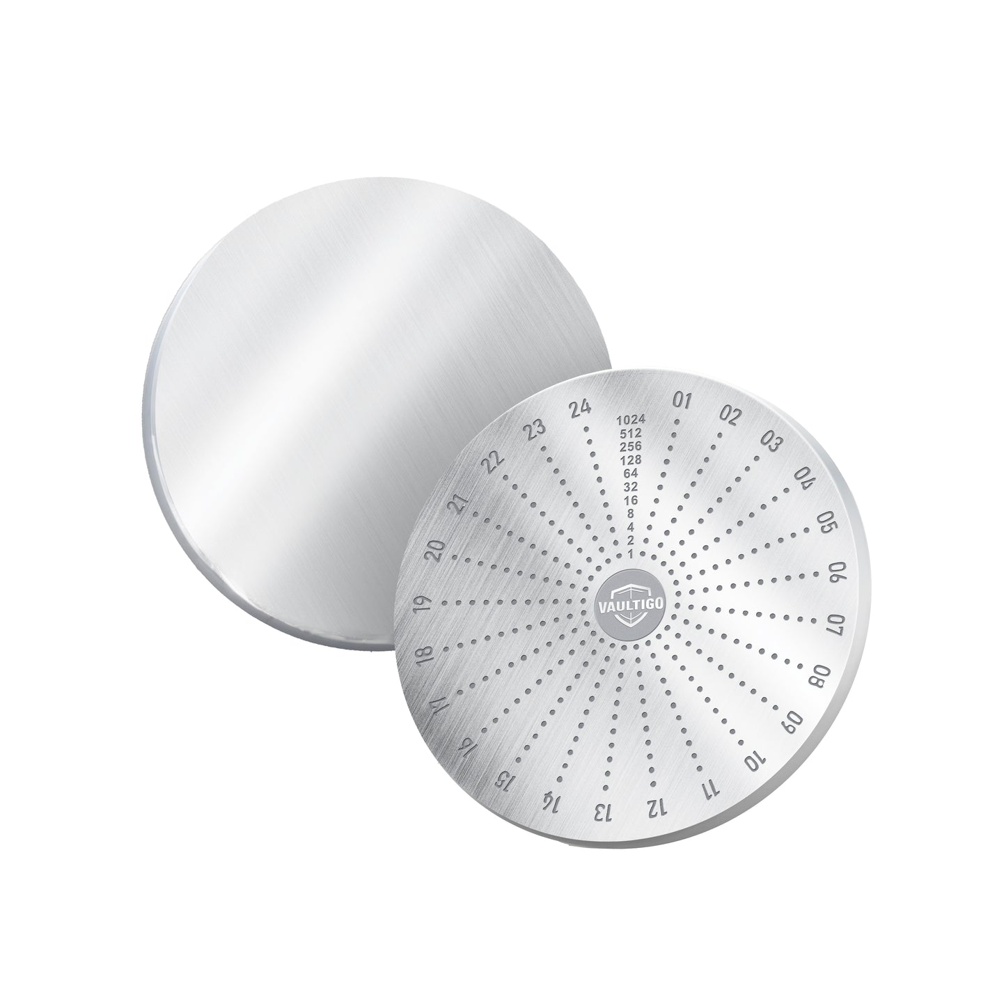 Vaultigo Stainless Steel Round Mnemonic Plate - Front & Back View with Seed Phrase Markings