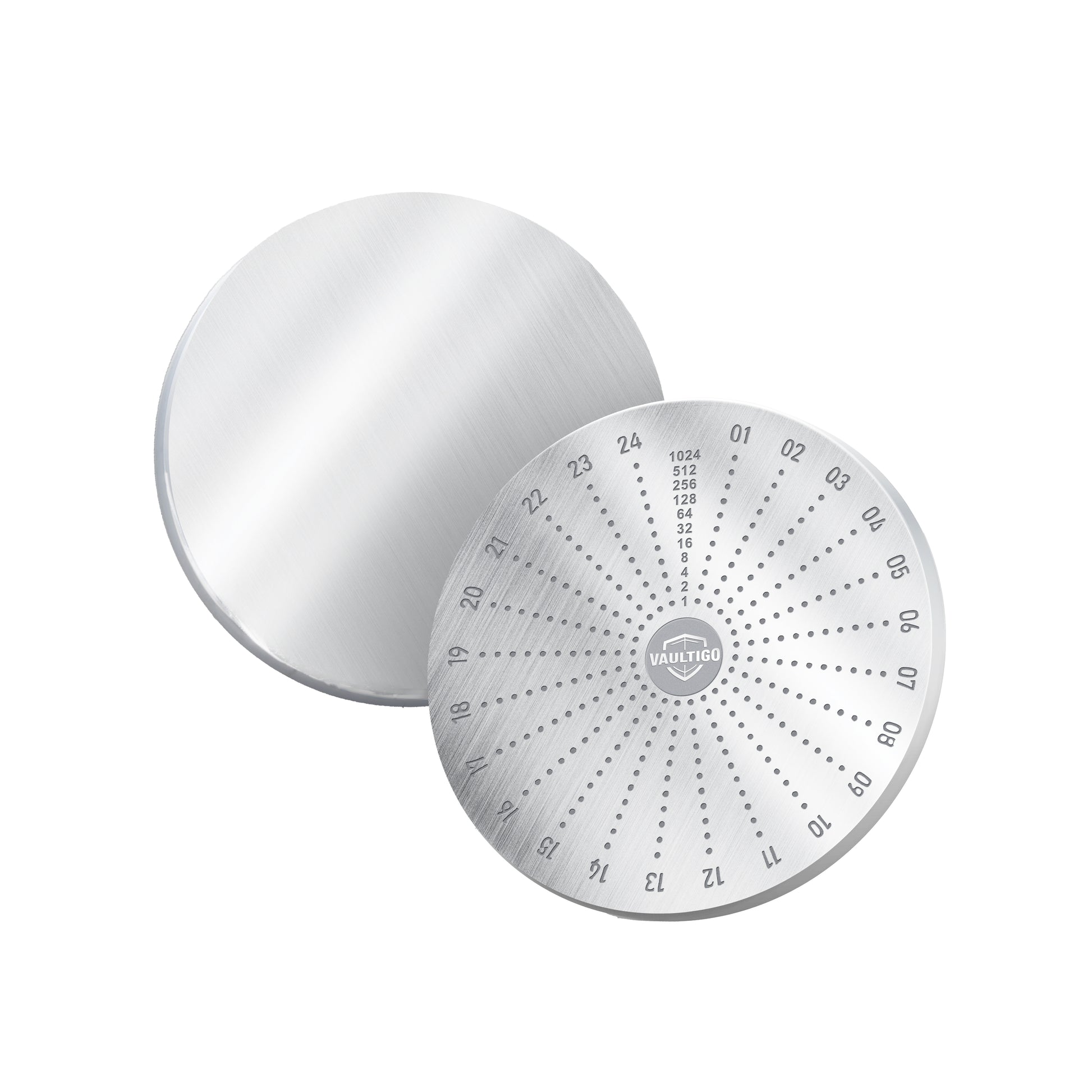 Vaultigo Stainless Steel Round Mnemonic Plate - Front & Back View with Seed Phrase Markings